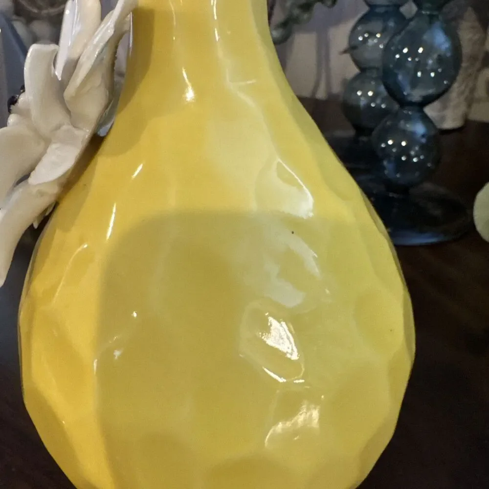 MCM Inspired Yellow Ceramic Vase With White Flower | Rare